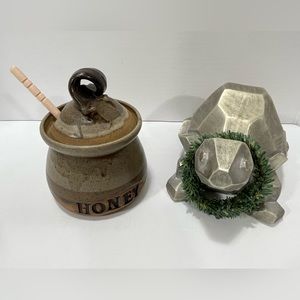 HAND-CRAFTED CERAMIC POTTERY HONEY CROCK/POT/BOWL w/WOOD HONEYCOMB DRIZZLE SPOON